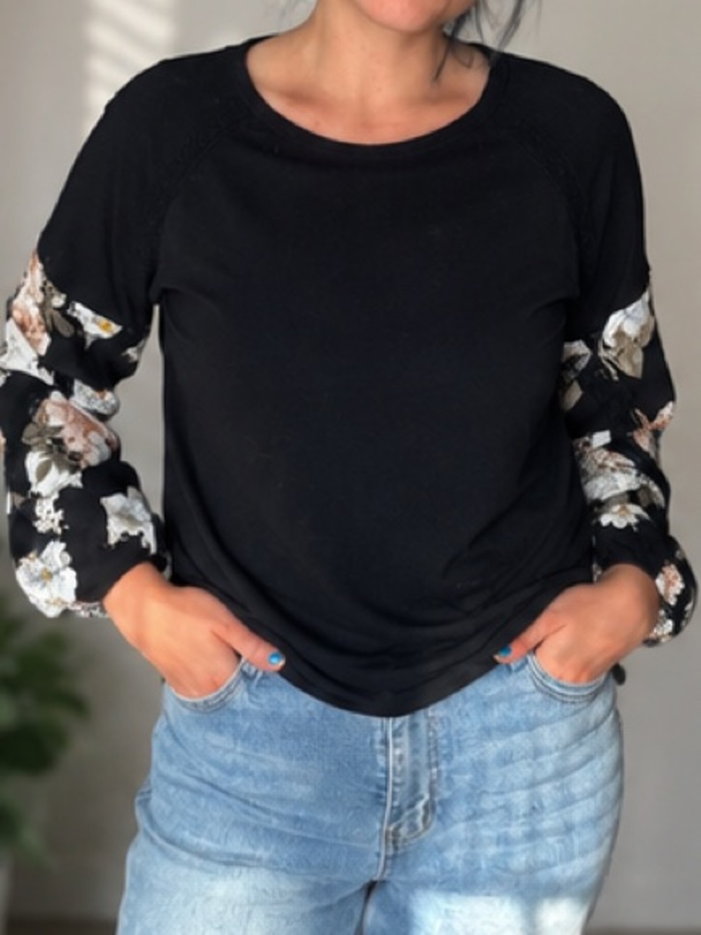Doe & Rae Black Pullover with Floral Bishop Sleeves